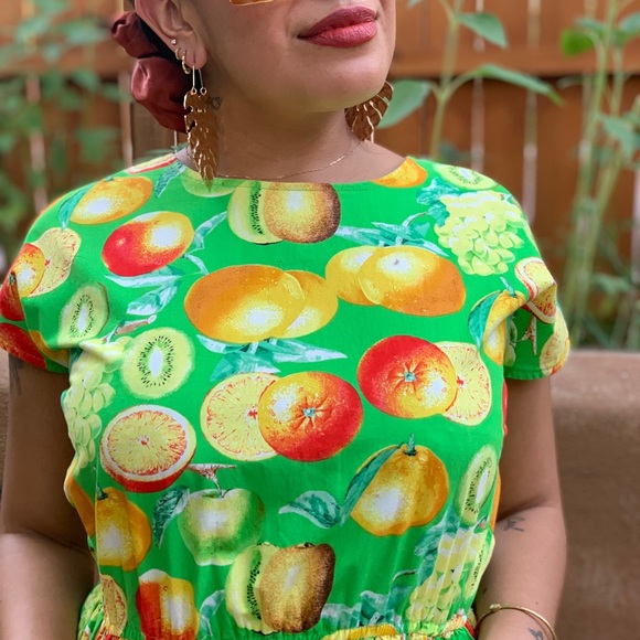 Vintage 1980s Tropical Fruit Green Dress Mod Farmers Market Chic M/L - Picture 2 of 9